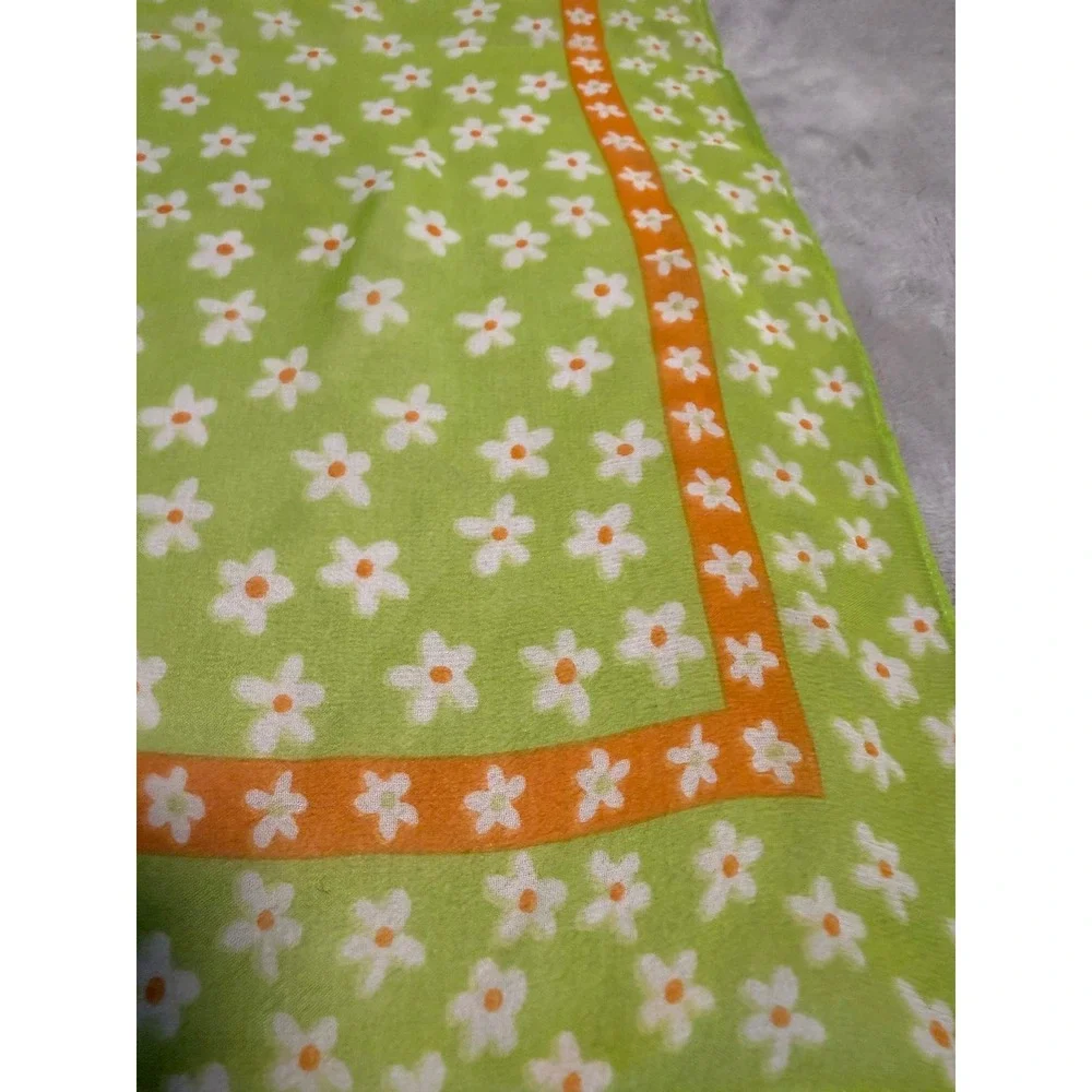 Echo Silk Scarf Floral Daisy Green Orange Sheer‎ Square Vintage 21
